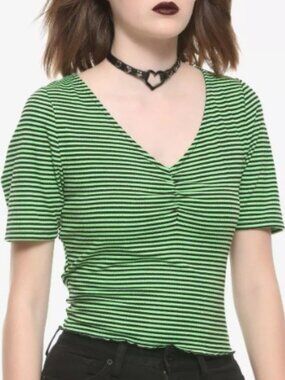 Green & Black Striped Ruched Crop Tee 2X